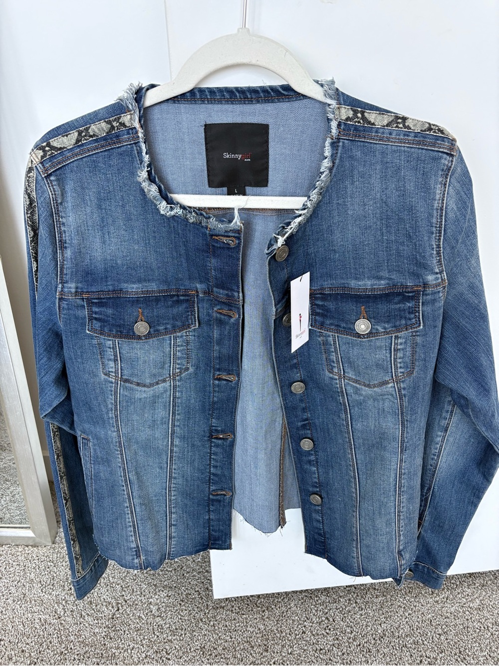 NWT Skinnygirl collarless frayed denim jacket sz L